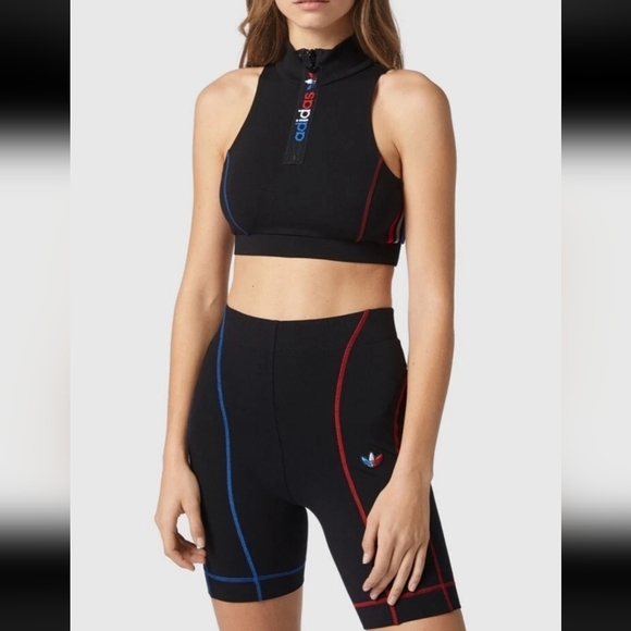 Adidas SET Adicolor Trefoil Half Zip Crop Top Tank And Biker Shorts Sz Small - Picture 1 of 12